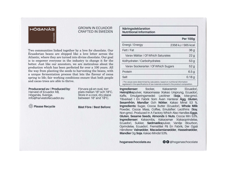 Höganäs Chocolate 53% Darker Milk Chocolate + Bourbon Vanilla 70g