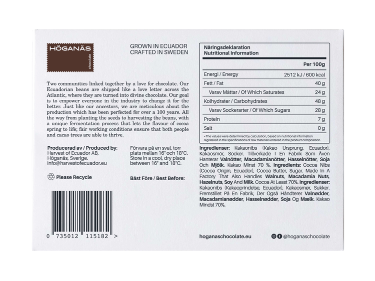 Höganäs Chocolate 70% Dark Chocolate 70g