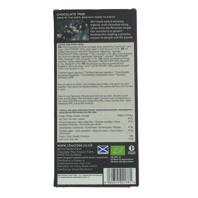 Chocolate Tree Lemon & Poppy Seed 100g