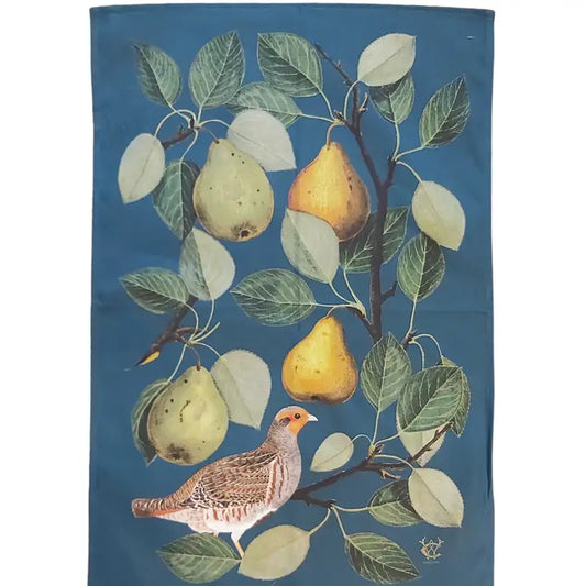 Partridge in A Pear Tree Antique Print Tea Towel Blue
