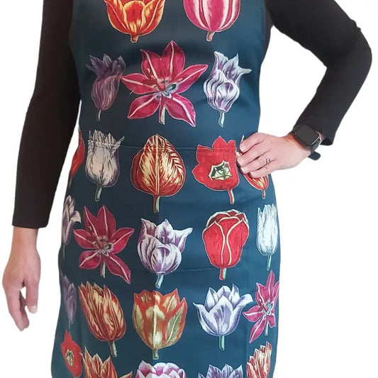 Antique Navy Tulips Apron Floral with Pocket c1610 Design
