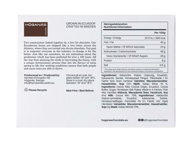 Höganäs Chocolate 70% Dark Chocolate + Himalayan Pink Salt 70g