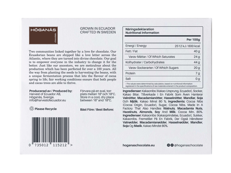 Höganäs Chocolate 80% Dark Chocolate + Cocoa Nibs 70g