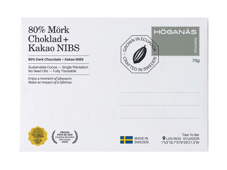 Höganäs Chocolate 80% Dark Chocolate + Cocoa Nibs 70g