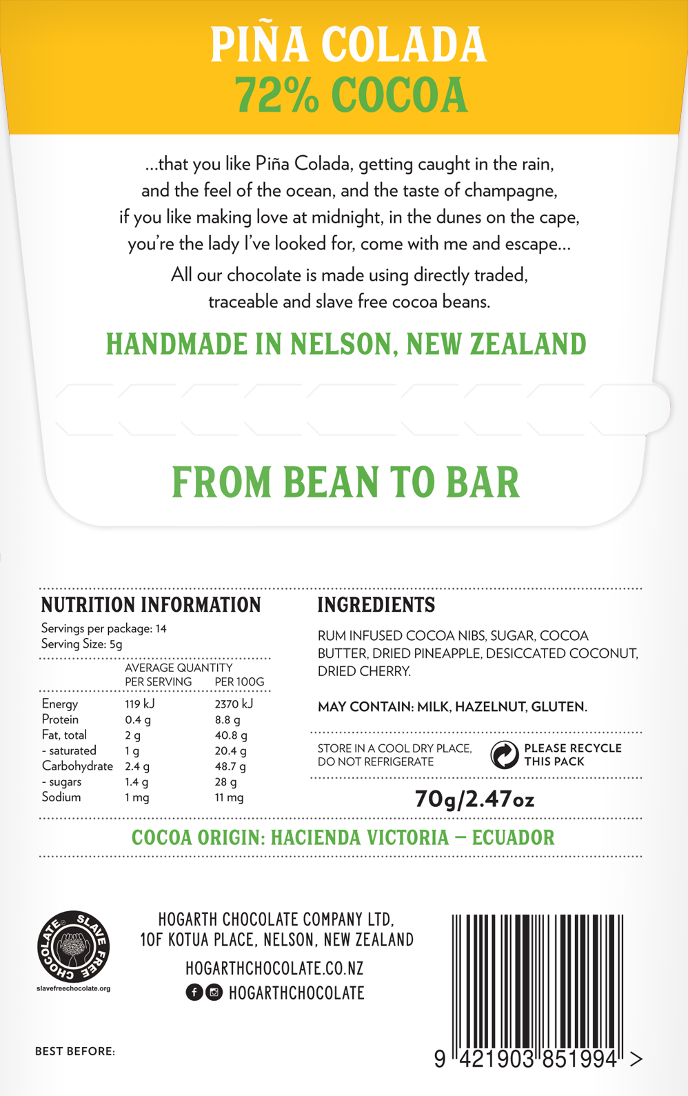 Hogarth 72% Piña Colada Dark Chocolate with Rum 70g
