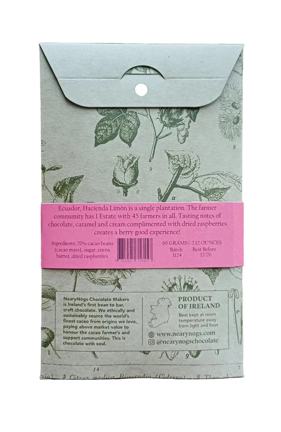 Neary Nogs 70% Ecuador Raspberry Chocolate Bar 60g